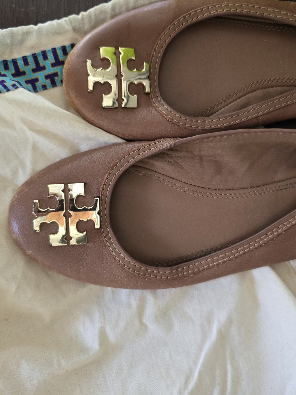 Tory Burch Taupe Leather Logo Ballet Flats